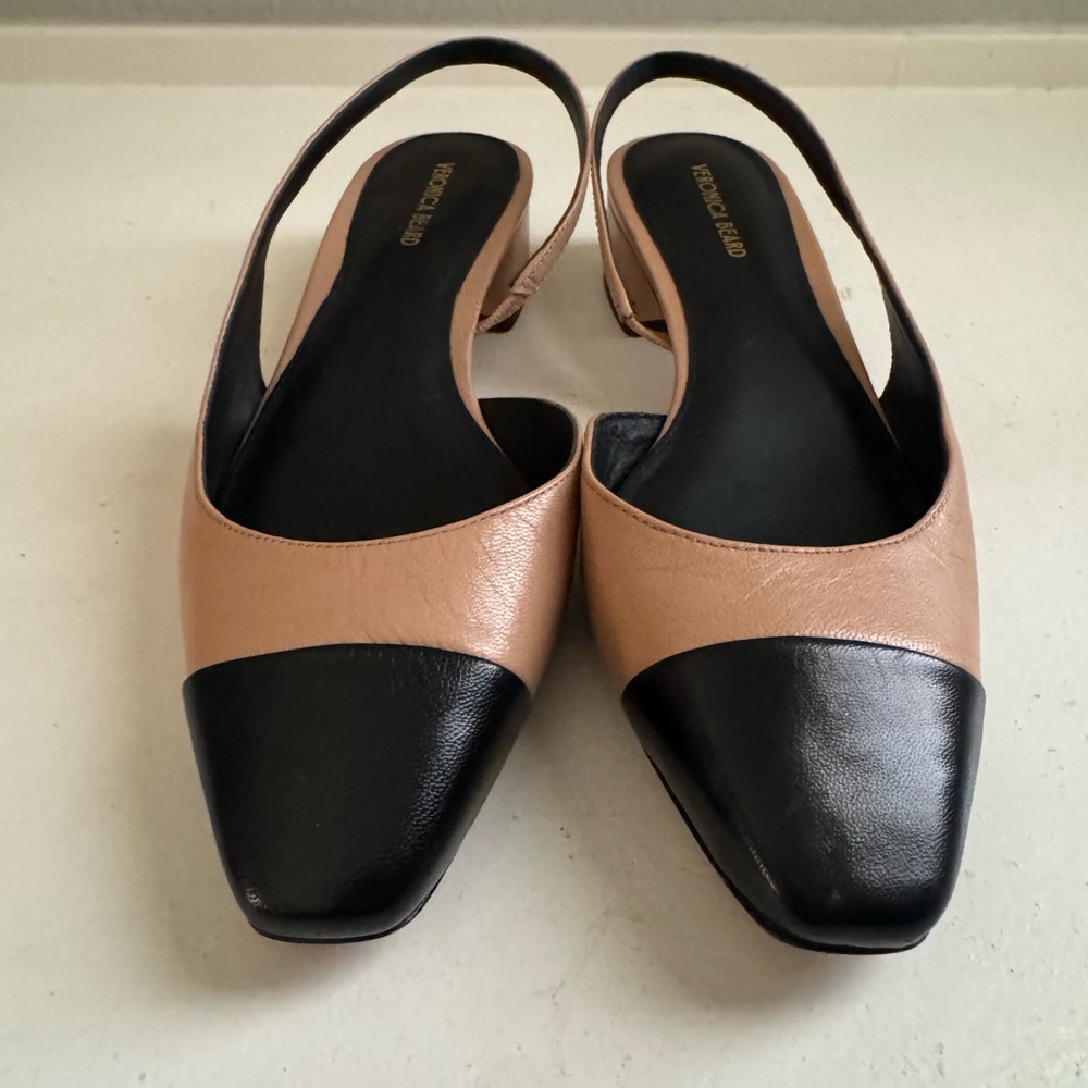 Veronica Beard Tan and Black Pointed-Toe Slingback Flats - Picture 11 of 15